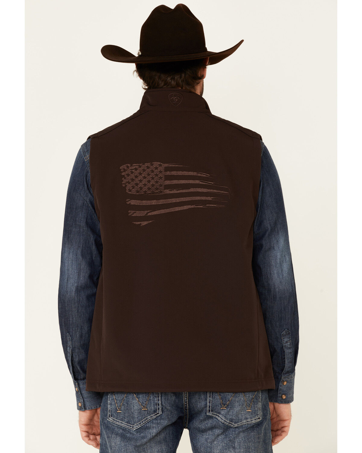 Image #3 - Ariat Men's Coffee Bean Logo 2.0 Patriot Zip-Front Softshell Vest, Brown, hi-res