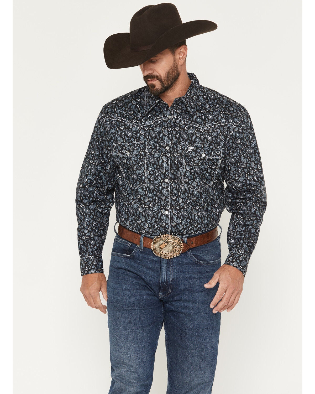 Cowboy Hardware Men's Scatter Paisley Print Long Sleeve Snap Stretch Western Shirt, Black, hi-res