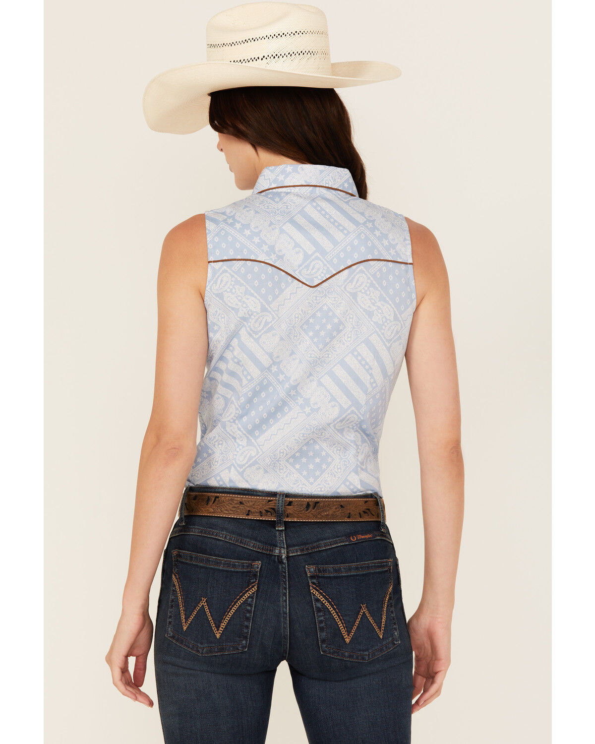 Image #4 - Panhandle Women's Americana Handkerchief Sleeveless Shirt, Light Blue, hi-res