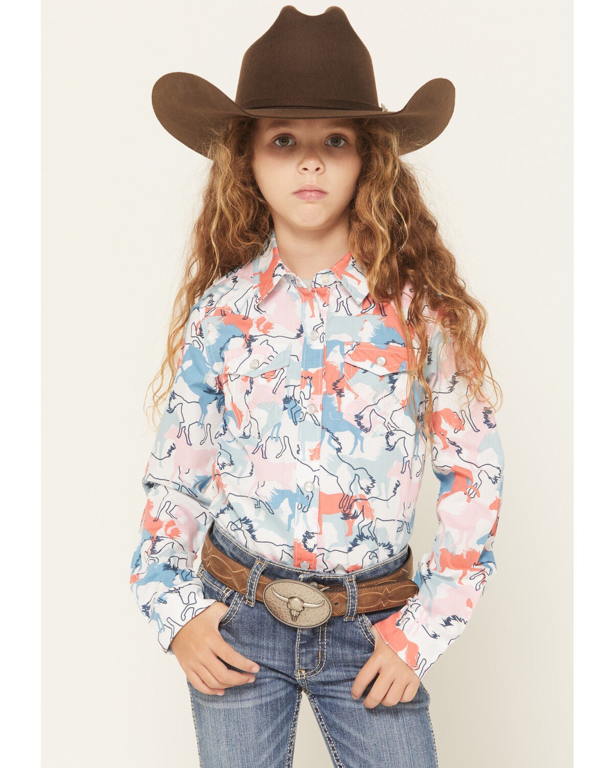 Image #1 - Wrangler Girls' Horse Print Long Sleeve Snap Western Shirt, Multi, hi-res