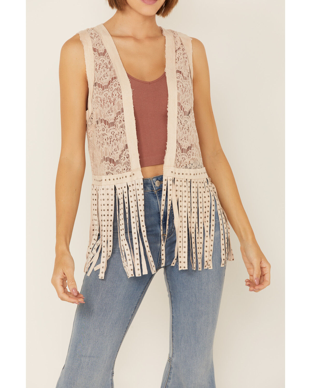 Image #3 - Vocal Women's Lace Studded Fringe Vest, Natural, hi-res