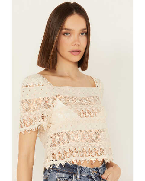 Image #2 - By Together Women's Crochet Short Sleeve Peasant Top, Cream, hi-res
