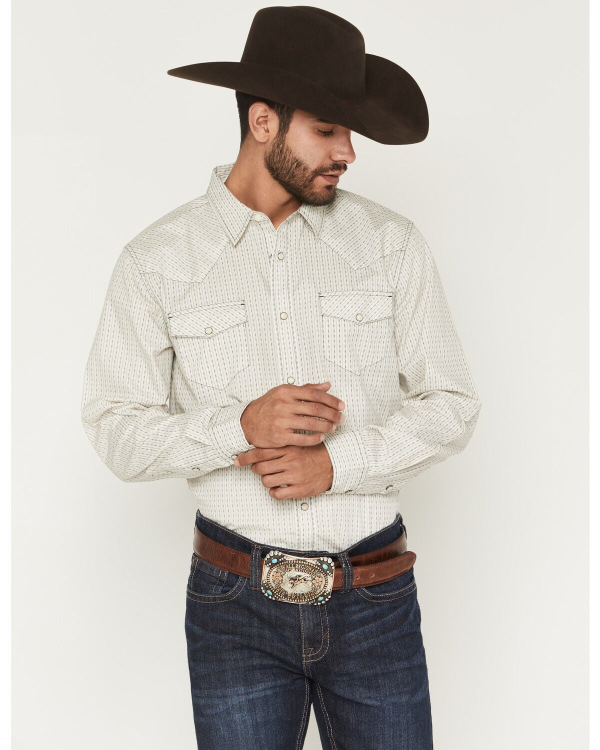 Image #1 - Gibson Trading Co Men's Tulsa Striped Long Sleeve Snap Western Shirt - Tall, Ivory, hi-res