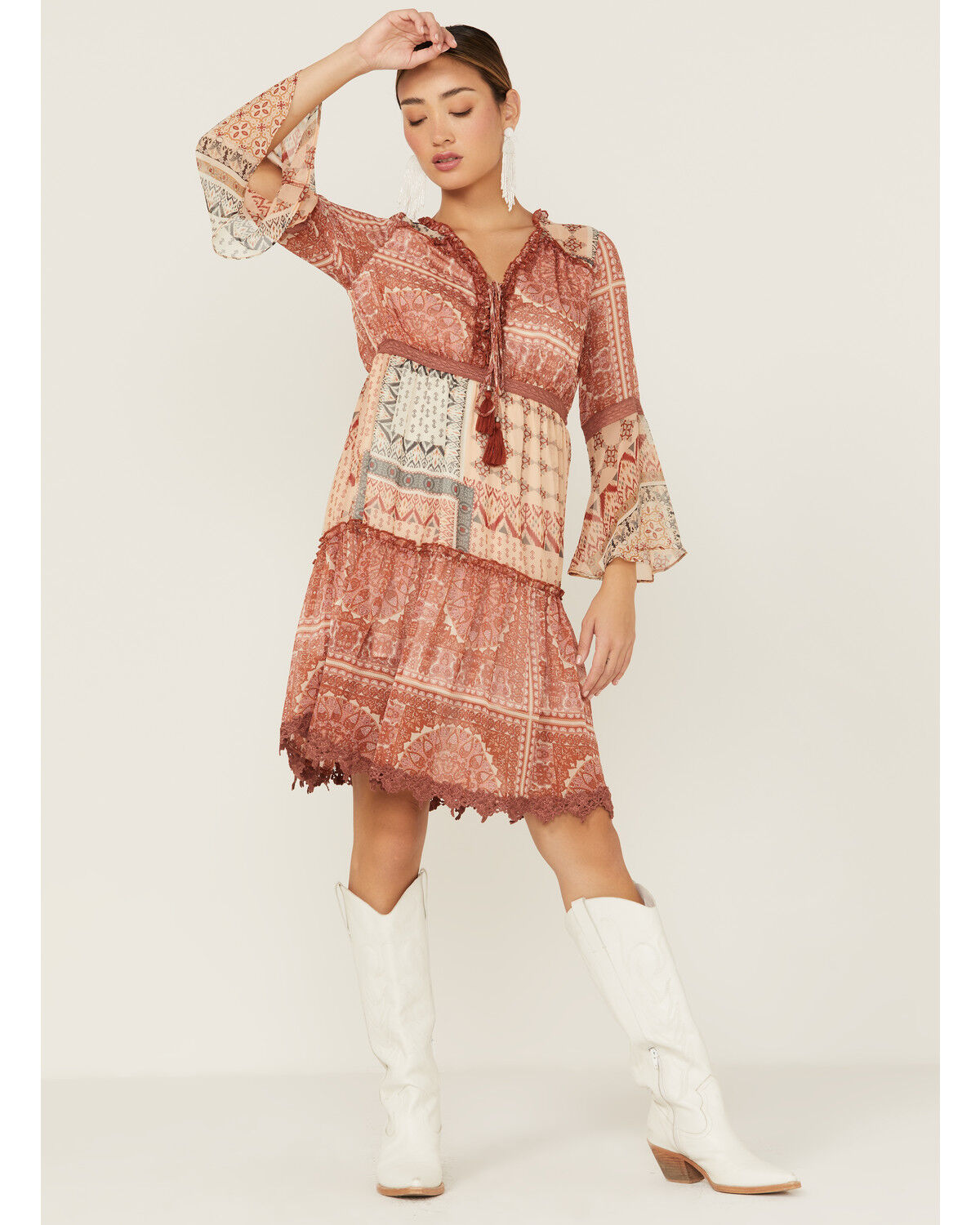 Image #4 - Miss Me Women's Patchwork Button Front Bell Sleeve Dress, , hi-res