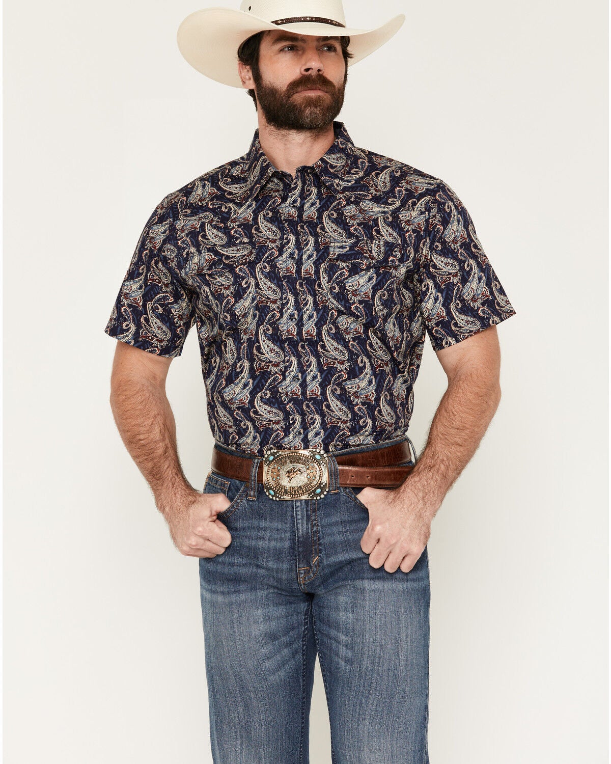 Image #1 - Cody James Men's Easy Livin' Paisley Print Short Sleeve Snap Western Shirt, Navy, hi-res