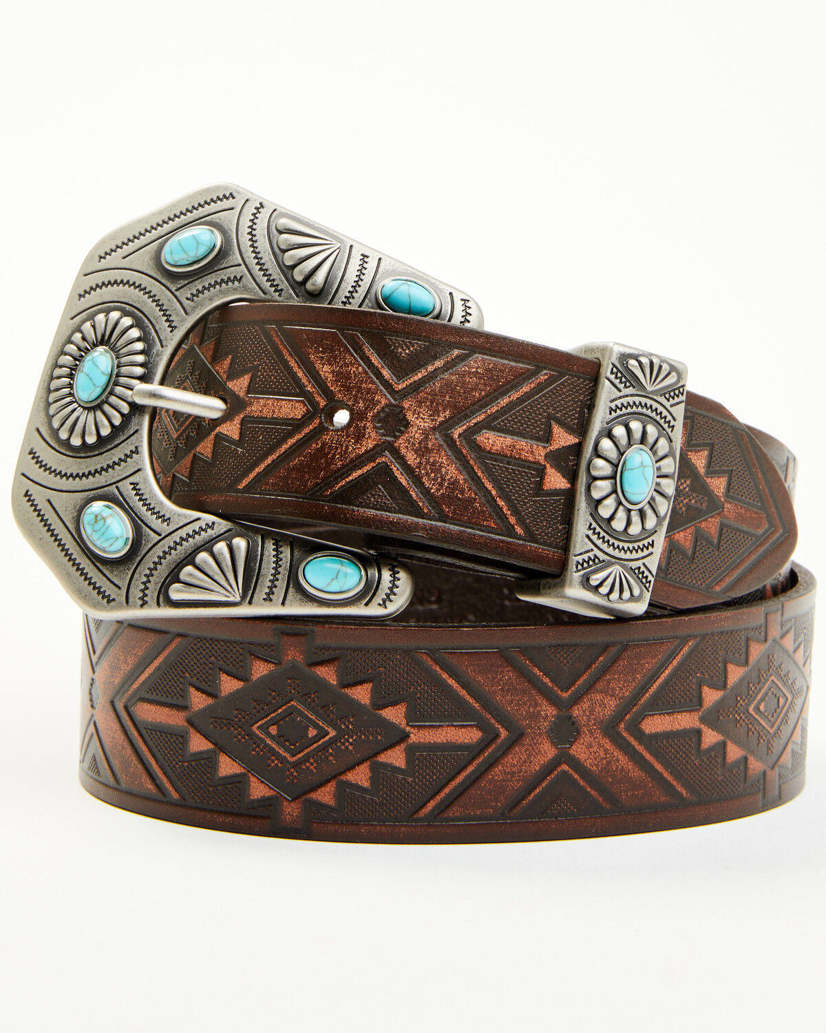 Image #1 - Shyanne Women's Stone Buckle Southwestern Print Embossed Belt, Dark Brown, hi-res