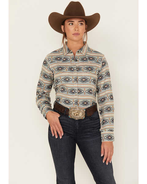 Image #1 - Ariat Women's R.E.A.L. Southwestern Stripe Print Long Sleeve Snap Creekside Western Shirt, Teal, hi-res