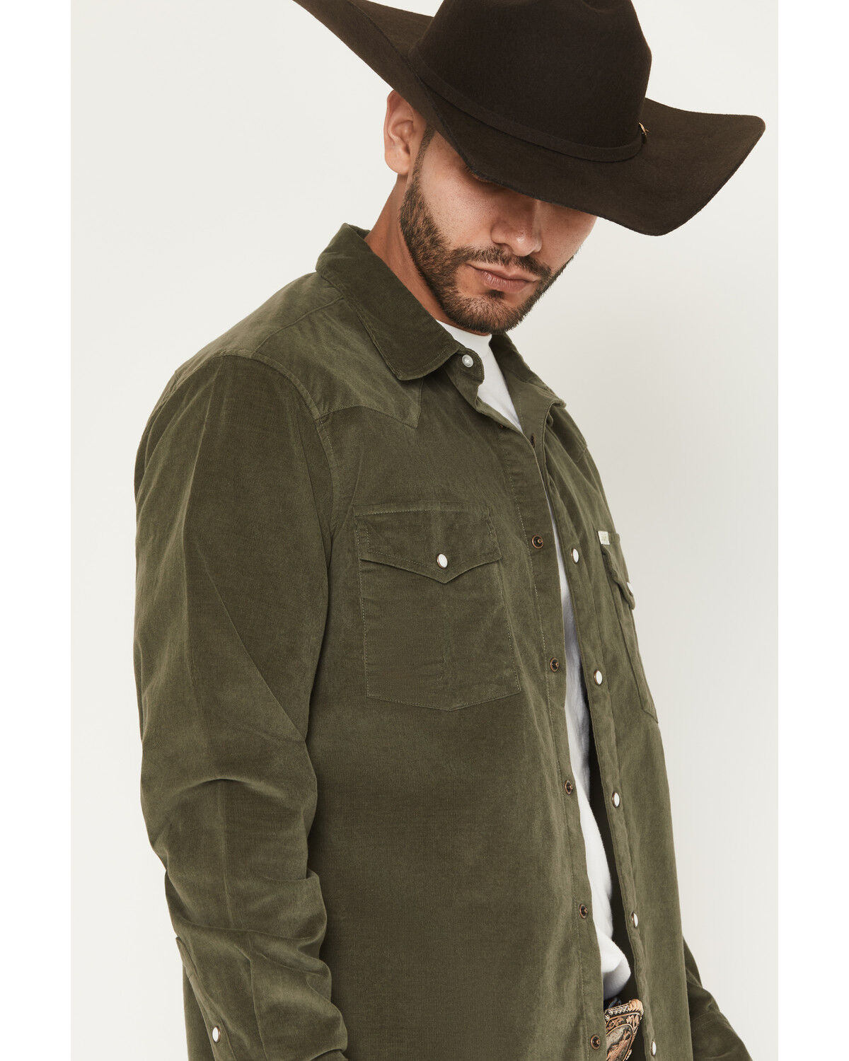 Image #2 - Sendero Provisions Men's Wyatt Corduroy Long Sleeve Snap Stretch Western Shirt, Olive, hi-res