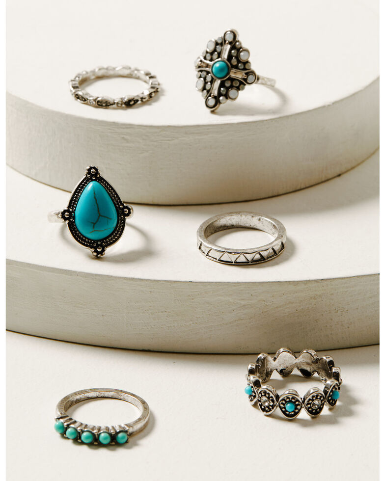 Shyanne Women's Turquoise & Silver Boho 6 Piece Ring Set , Silver, hi-res