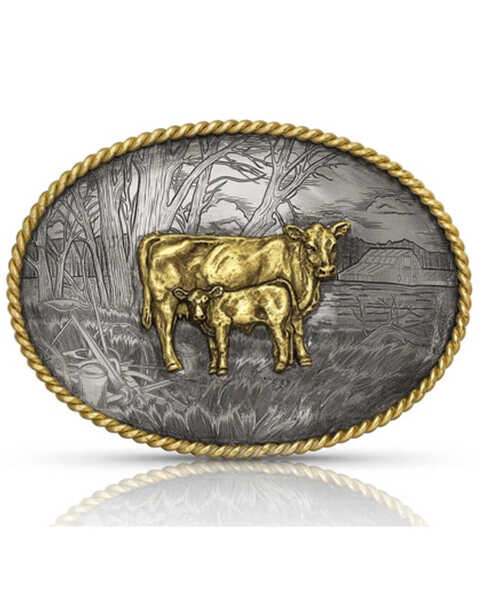 Montana Silversmiths Men's Pastoral Scene With Cow & Calf Buckle, Silver, hi-res