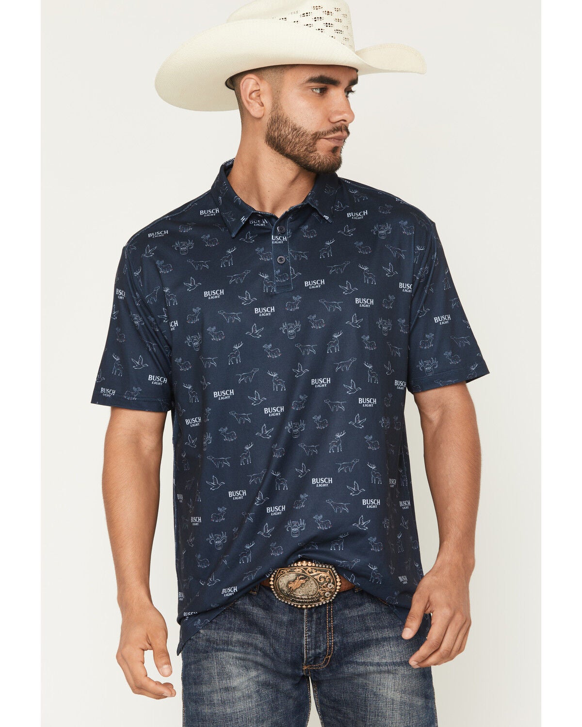 Buckwear Men's Busch Light Repeat Short Sleeve Polo, Navy, hi-res