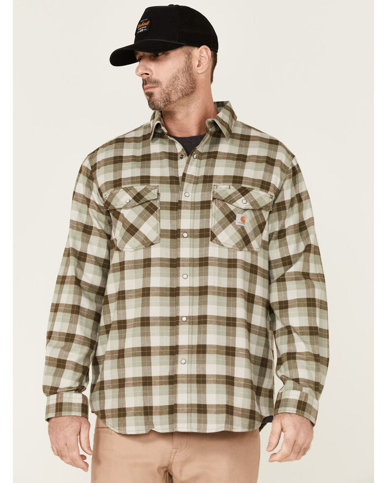 Carhartt Men's Green Plaid Rugged Flex Relaxed-Fit Long Sleeve Snap Western Flannel Shirt - Big & Tall, Green, hi-res