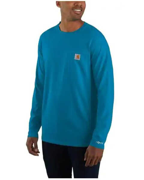Carhartt Men's Force Relaxed Fit Midweight Long Sleeve Logo Pocket Work T-Shirt, Blue, hi-res
