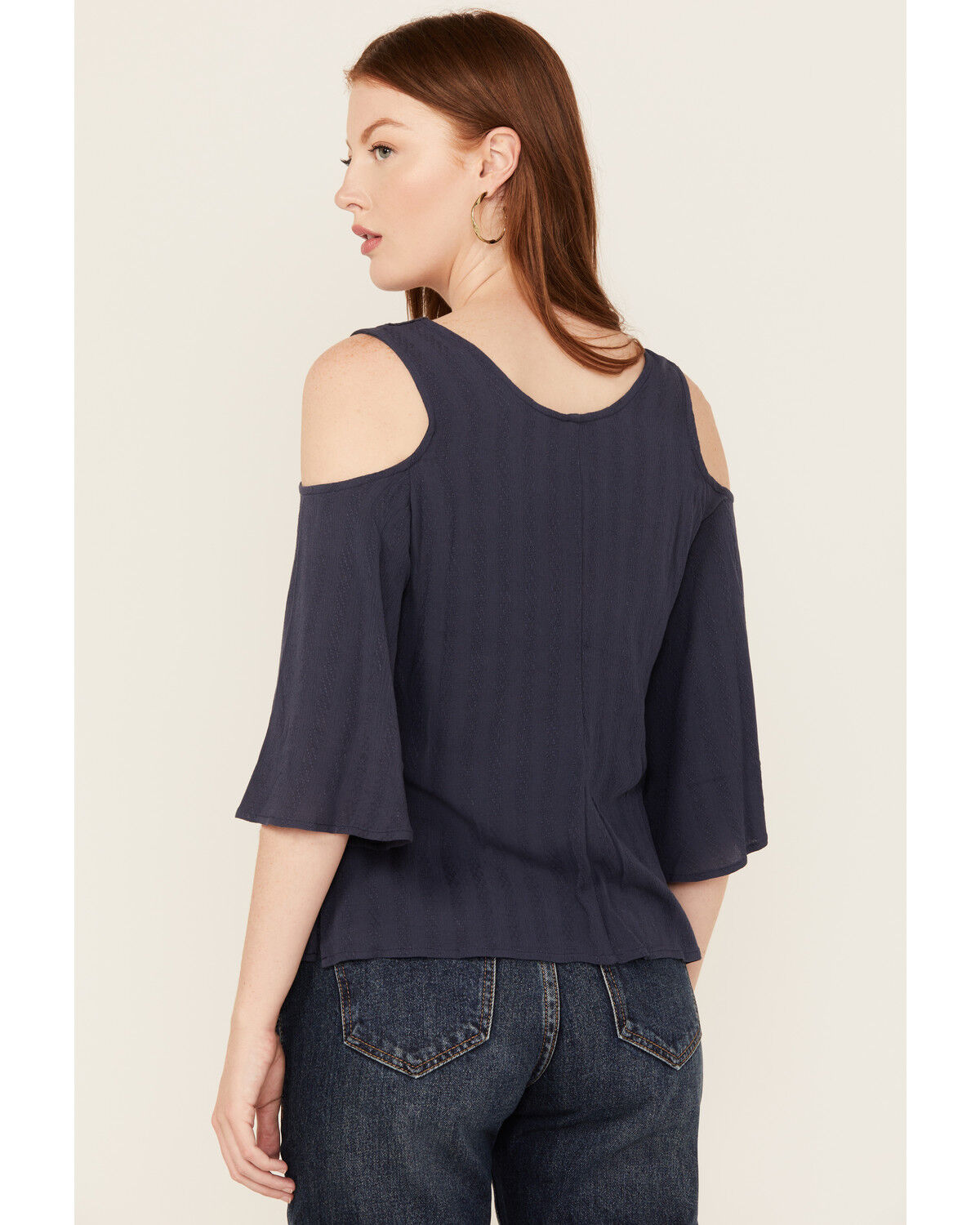 Image #4 - Shyanne Women's Solid Crochet Cold Shoulder Long Sleeve Shirt, Navy, hi-res