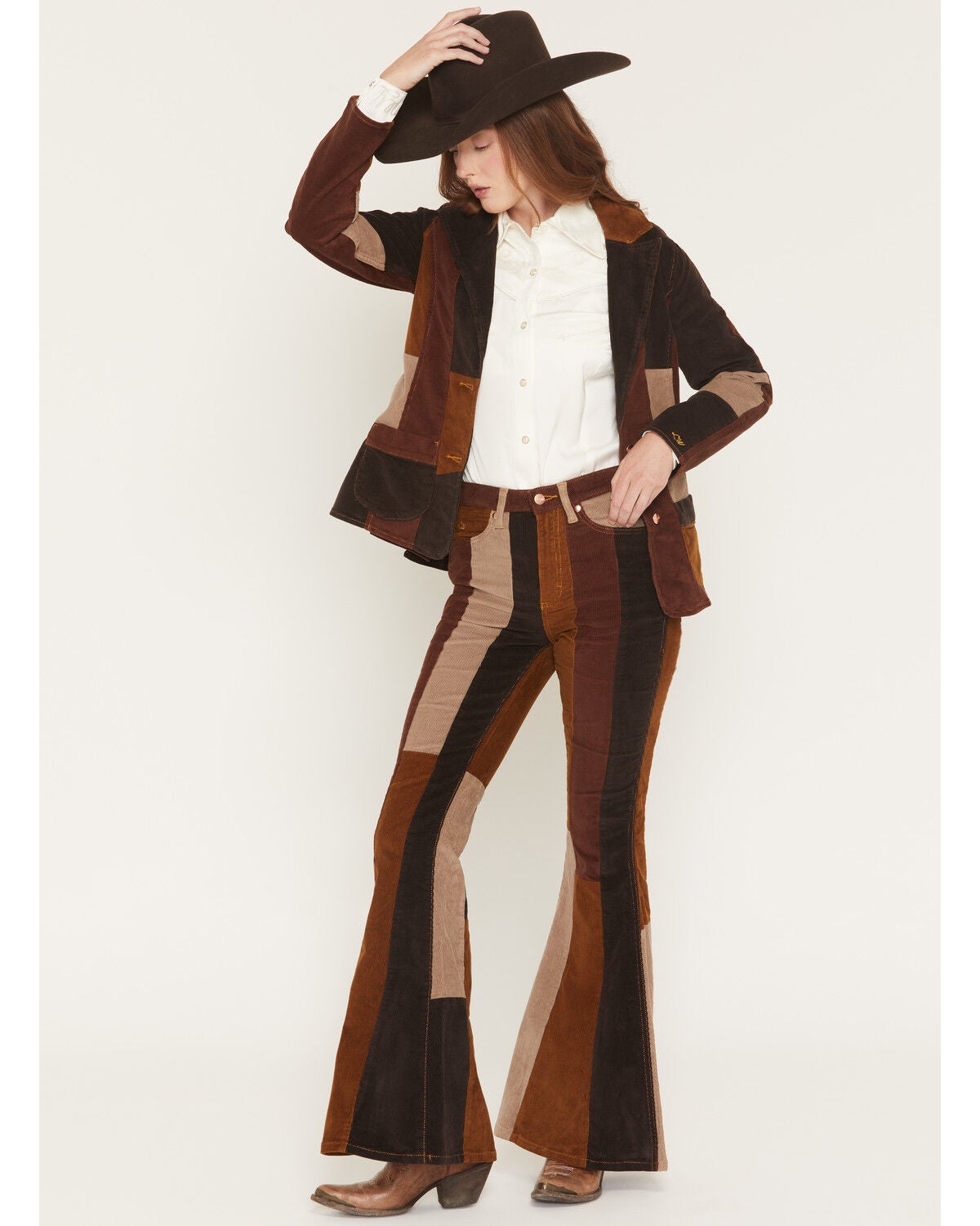 Wrangler X Lainey Wilson Women's High Rise Patchwork Corduroy Bell Bottom Stretch Flare Jeans, Brown, hi-res