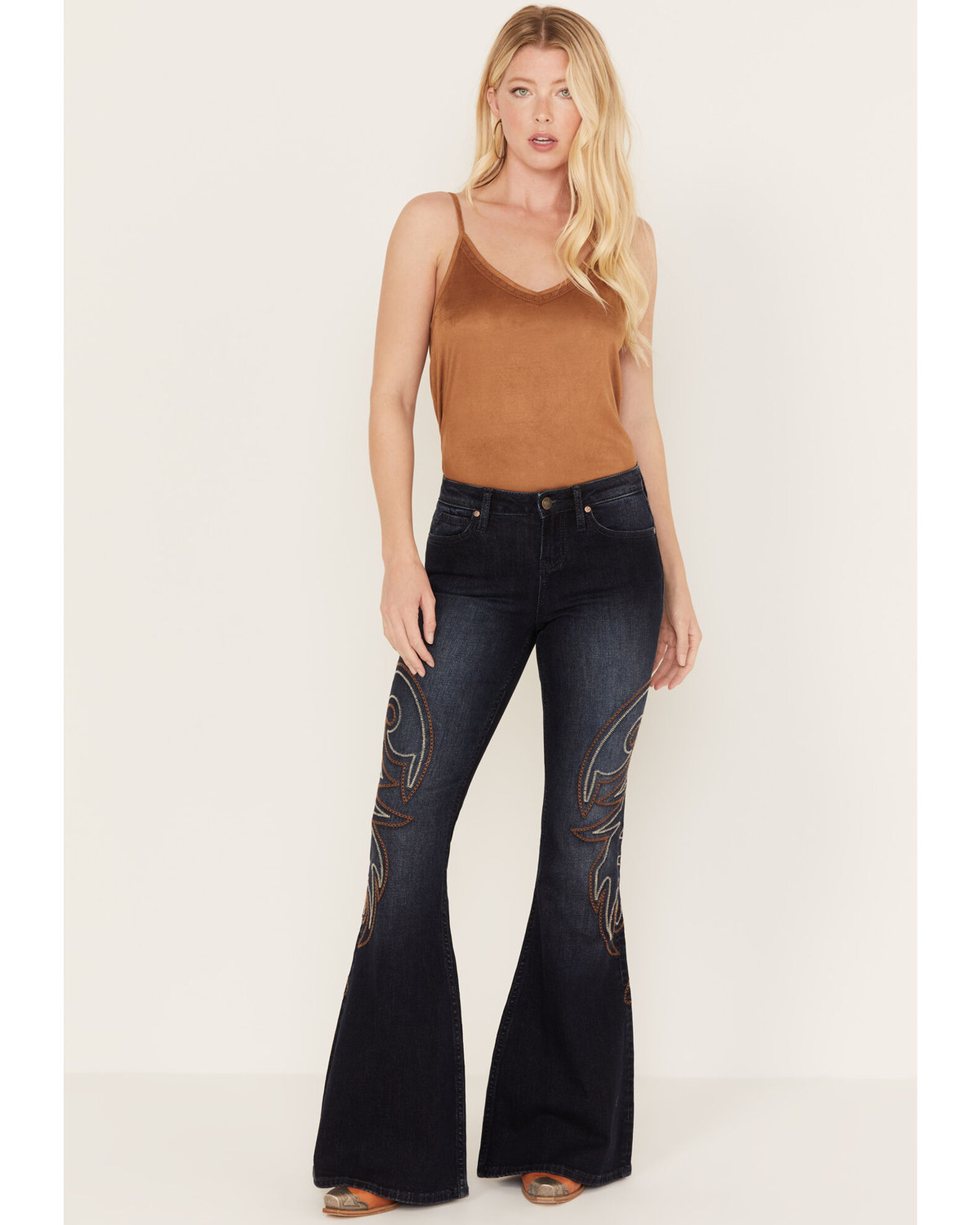 Image #1 - Shyanne Women's Dark Wash Mid Rise Embroidered Flare Jeans, Dark Medium Wash, hi-res