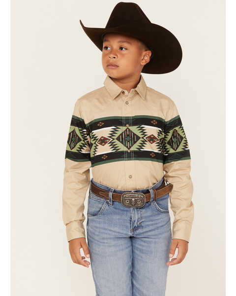 Cody James Boys' Plaid Print Long Sleeve snap Western Shirt, Tan, hi-res