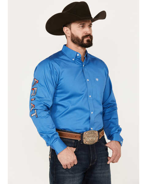 Image #1 - Ariat Men's Team Logo Twill Fitted Long Sleeve Button Down Western Shirt, Blue, hi-res