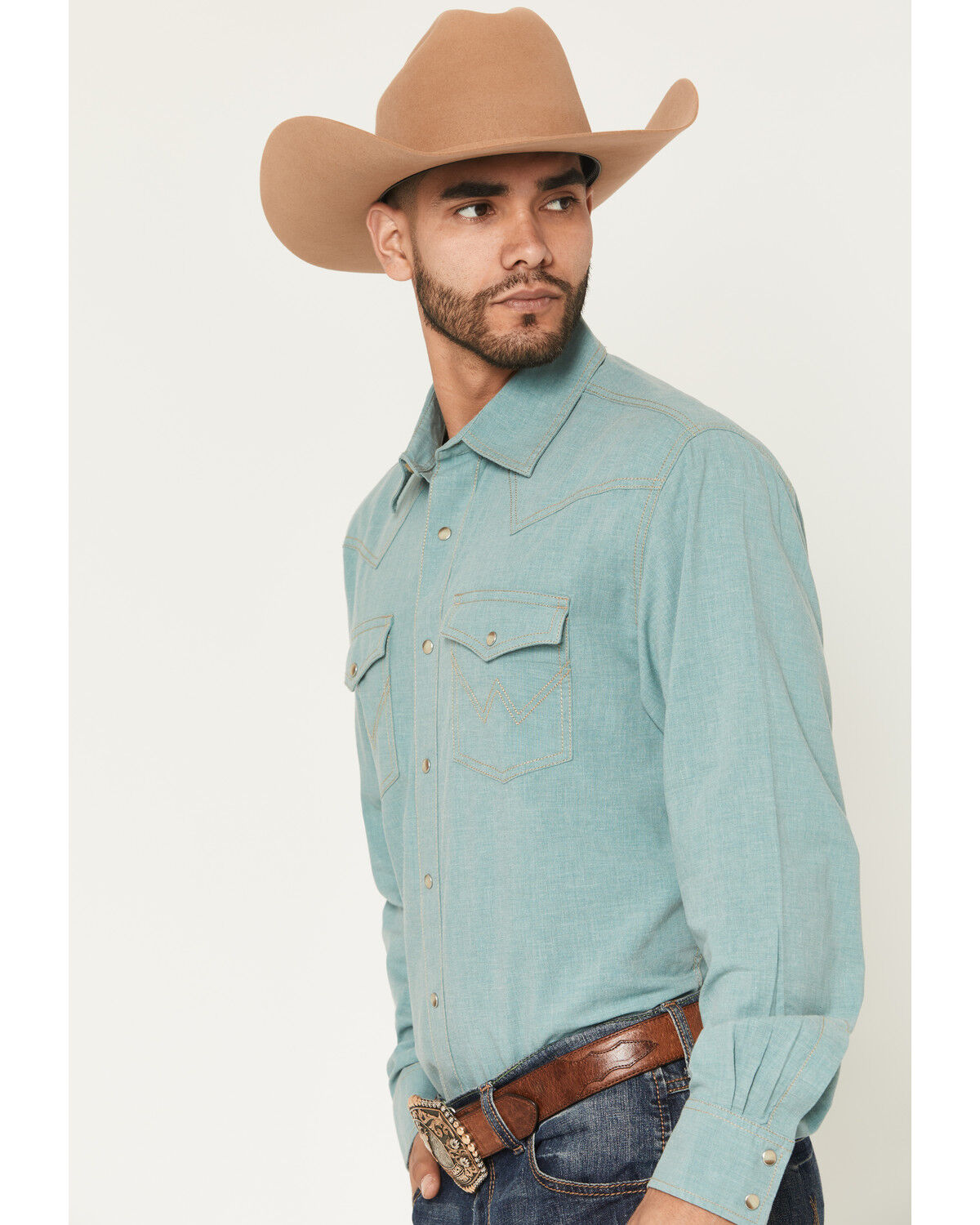 Image #2 - Wrangler Retro Men's Solid Long Sleeve Snap Western Shirt, Teal, hi-res