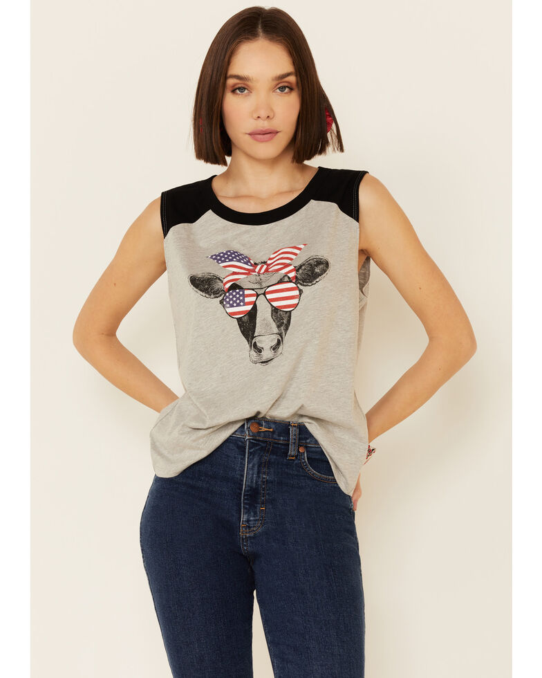 Cut & Paste Women's Patriotic Cow Graphic Raglan Tank Top , Grey, hi-res