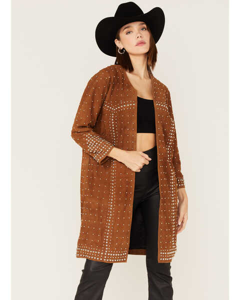 Understated Leather Studded Suede Duster Coat, Tan, hi-res