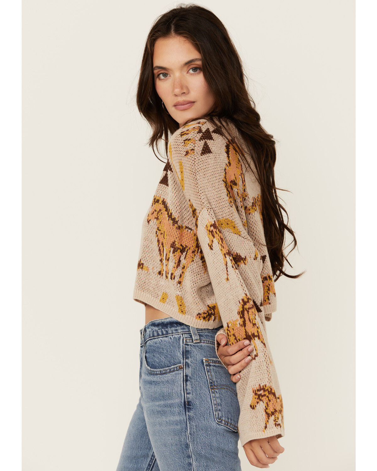 Image #2 - Rock & Roll Denim Women's Horse Print Sweater, Beige, hi-res