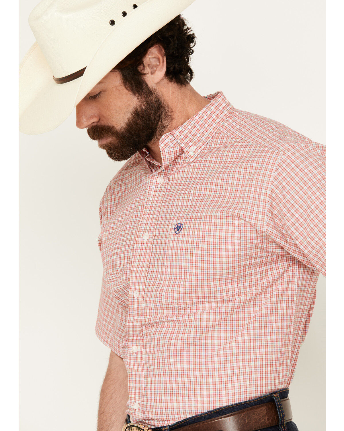 Image #2 - Ariat Men's Duke Plaid Print Short Sleeve Button-Down Performance Western Shirt, Red, hi-res