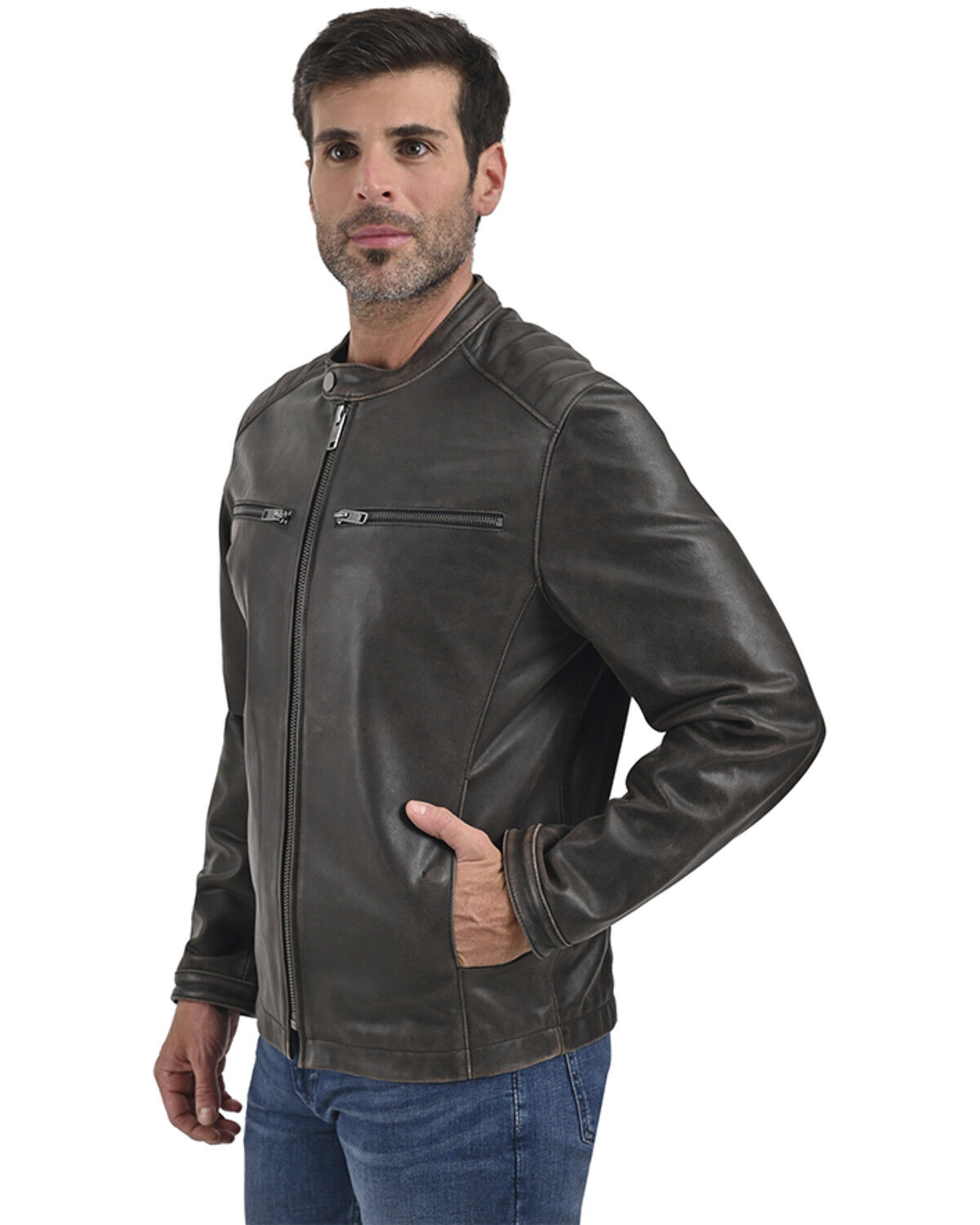 Image #2 - Frye Men's Fryce Racer Leather Jacket, Dark Brown, hi-res