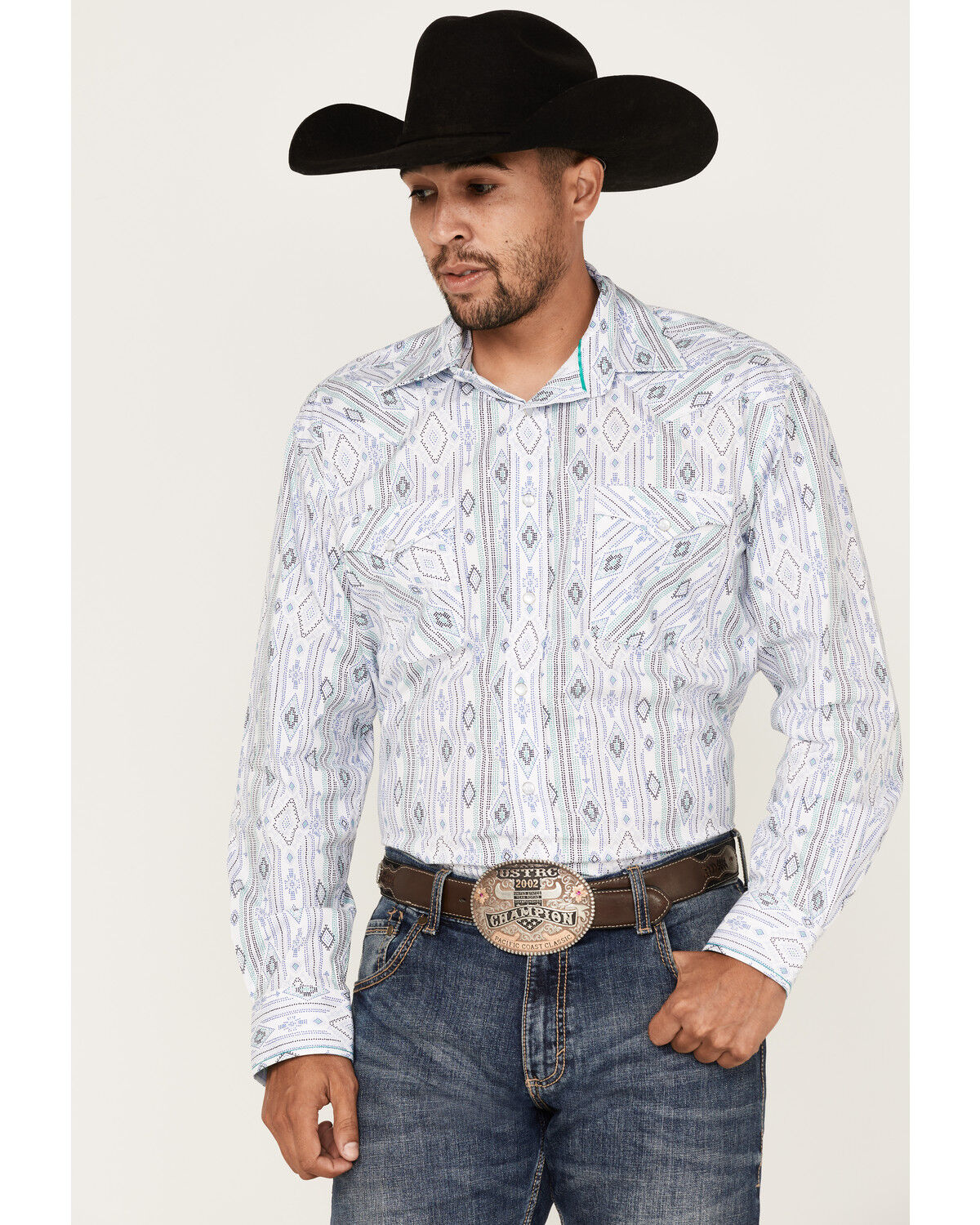 Image #1 - Rough Stock By Panhandle Men's Southwestern Dot Print Long Sleeve Pearl Snap Western Shirt, Royal Blue, hi-res