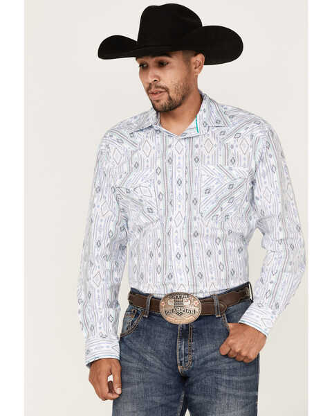 Rough Stock By Panhandle Men's Southwestern Dot Print Long Sleeve Pearl Snap Western Shirt , Royal Blue, hi-res