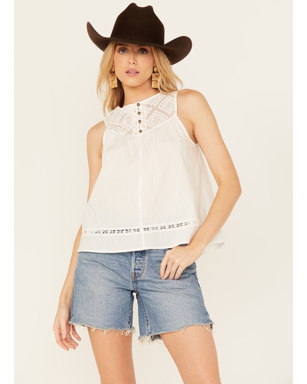 Eyeshadow Women's Lace Bodice Tank, White, hi-res