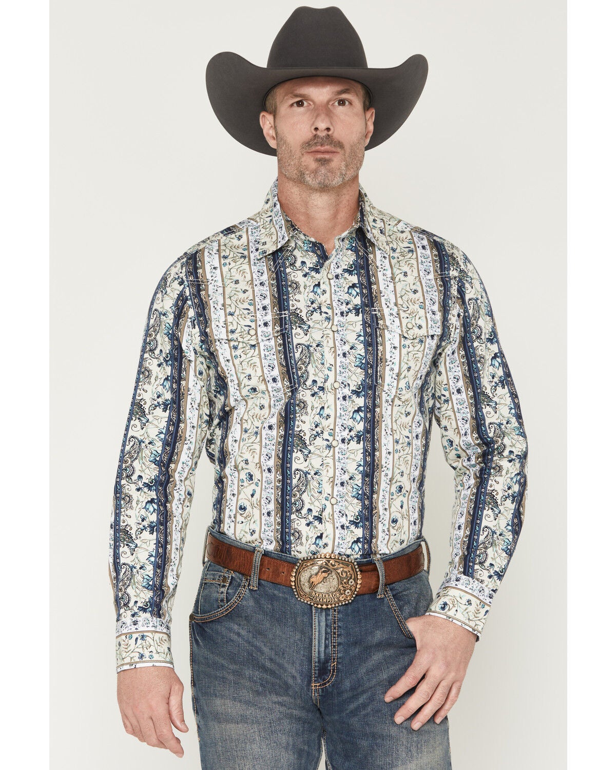 Image #1 - Wrangler Retro Men's Premium Paisley Striped Long Sleeve Snap Western Shirt, Cream, hi-res