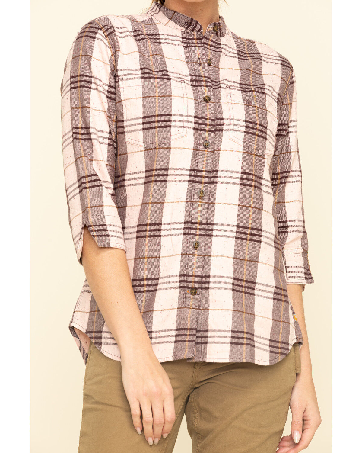 Image #4 - Carhartt Women's Plaid Print Relaxed Fit Midweight 3/4 Sleeve Button-Down Work Shirt, Wine, hi-res