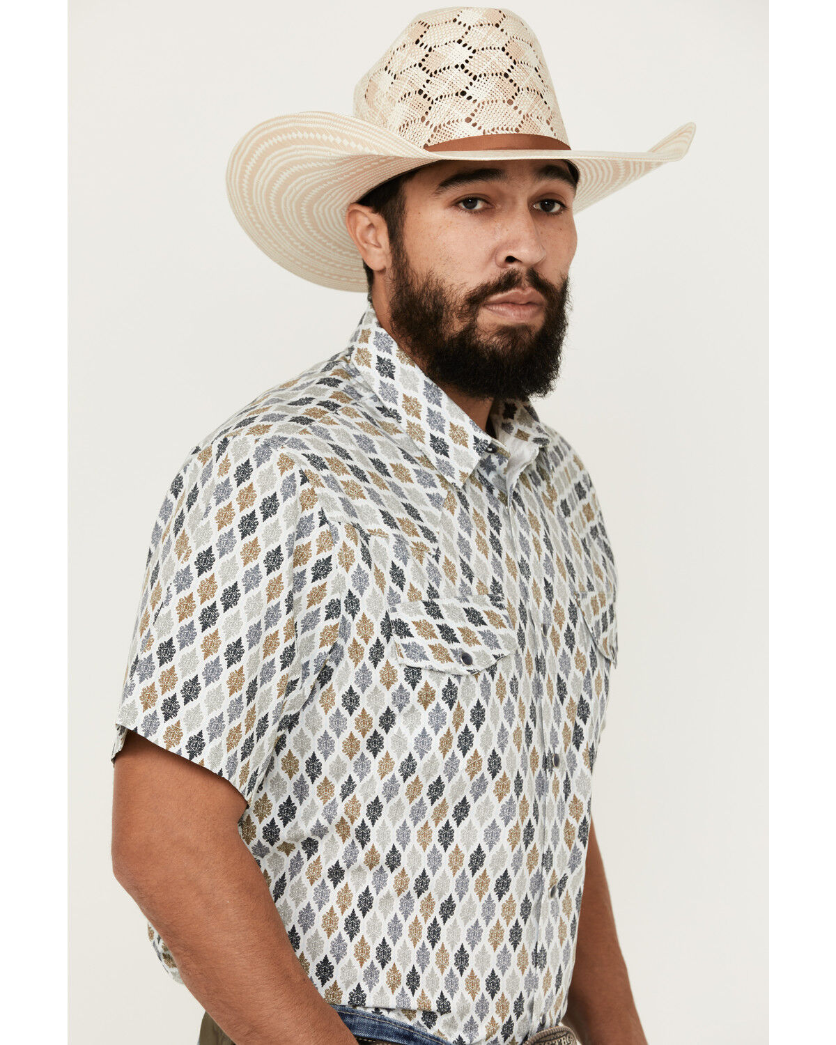 Image #2 - Gibson Men's Geo Print Short Sleeve Snap Western Shirt, White, hi-res