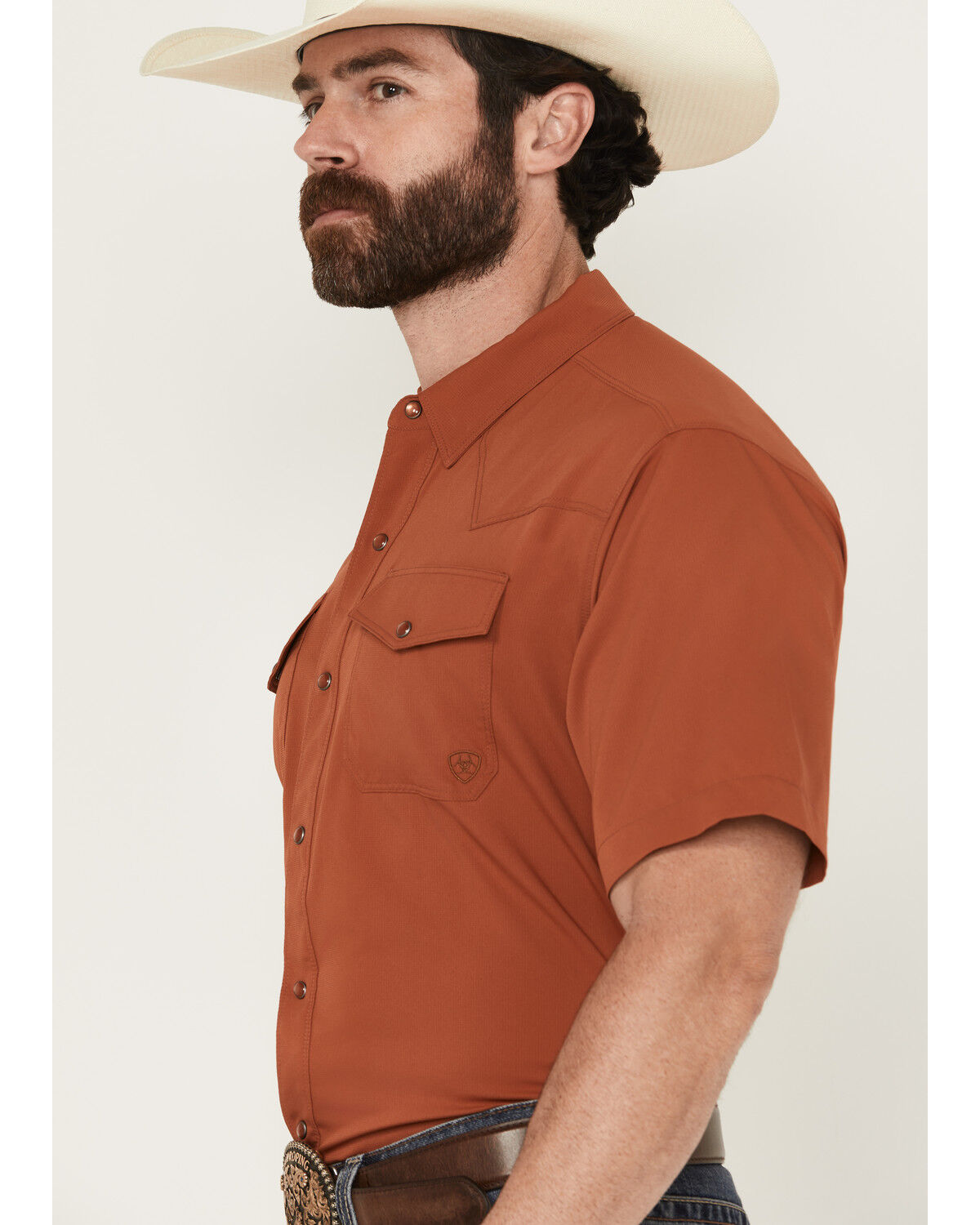Image #2 - Ariat Men's VentTek Solid Short Sleeve Snap Performance Western Shirt, Rust Copper, hi-res
