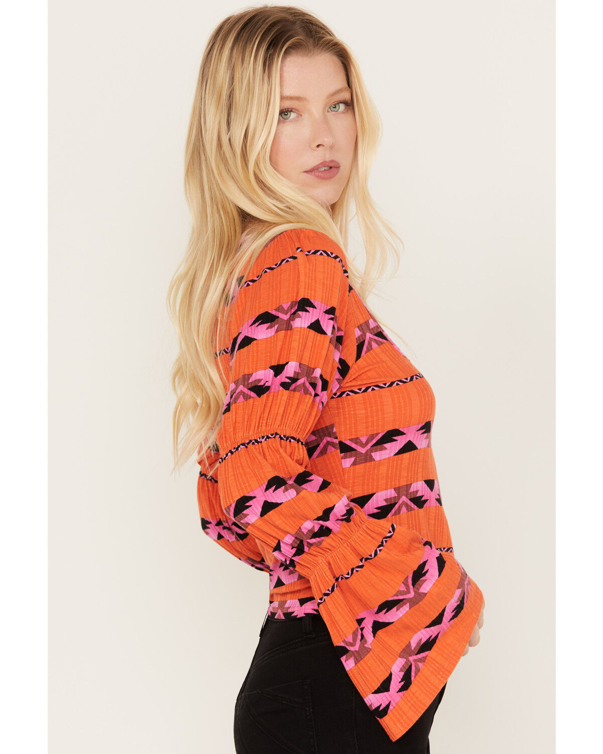 Image #2 - Wrangler Women's Southwestern Striped Long Sleeve Shirt, Orange, hi-res