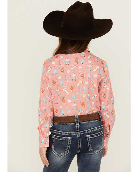 Image #4 - Panhandle Girls' Conversation Print Long Sleeve Pearl Snap Western Shirt, Pink, hi-res