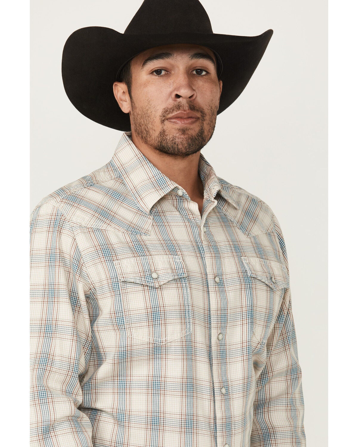 Image #2 - Wrangler Retro Men's Plaid Print Long Sleeve Snap Western Shirt, Cream, hi-res