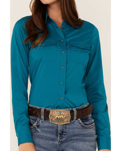 RANK 45® Women's Vented Performance Outdoor Long Sleeve Snap Western Shirt, Teal, hi-res