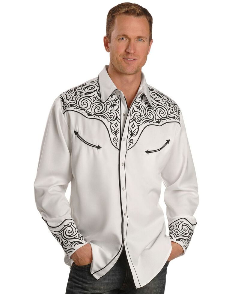 Scully Men's White Floral Embroidered Retro Stitched Long Sleeve Western Shirt , , hi-res