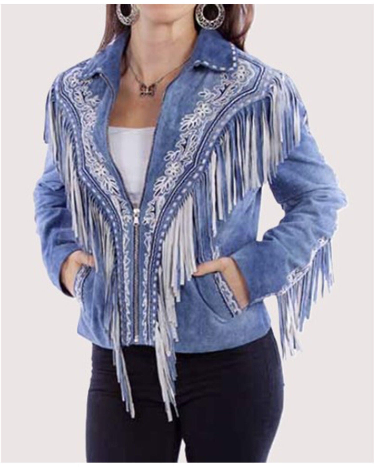 Scully Women's Embroidered Fringe Suede Jacket, Blue, hi-res