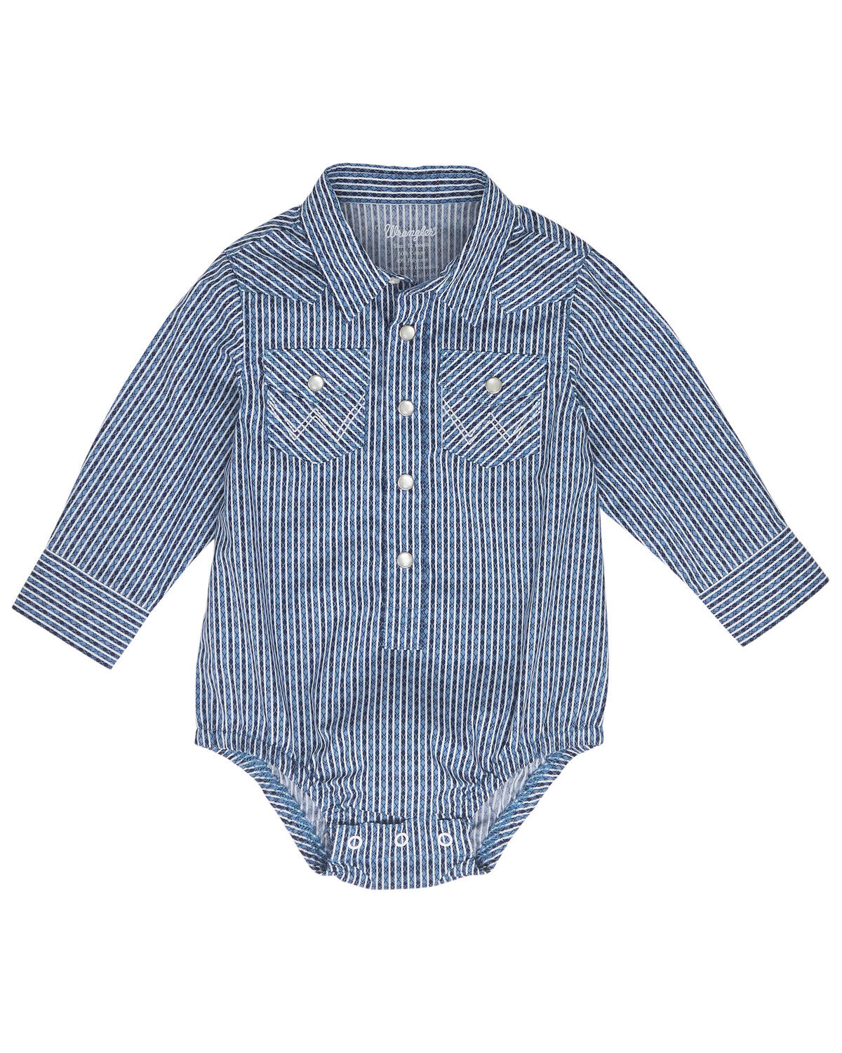 Image #1 - Wrangler Infant Boys' Striped Long Sleeve Pearl Snap Onesie, Blue, hi-res