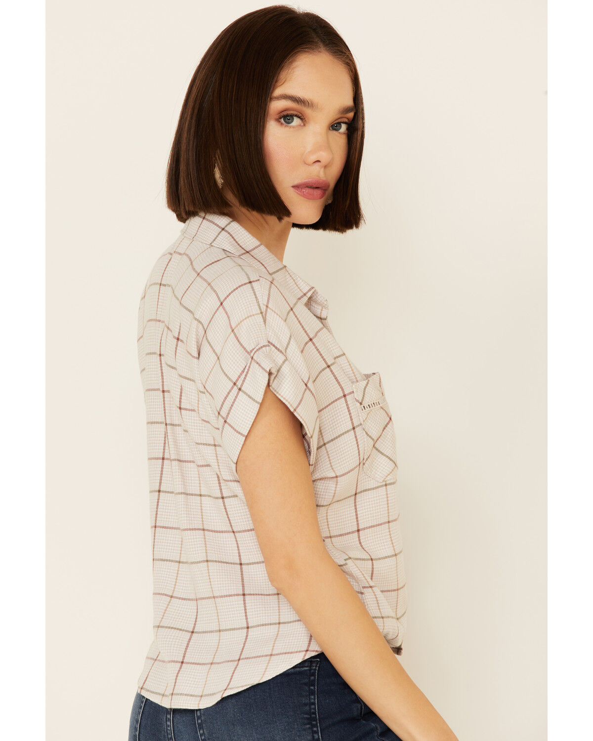 Image #4 - Shyanne Women's Windowpane Plaid Tie-Front Short Sleeve Western Shirt, Tan, hi-res
