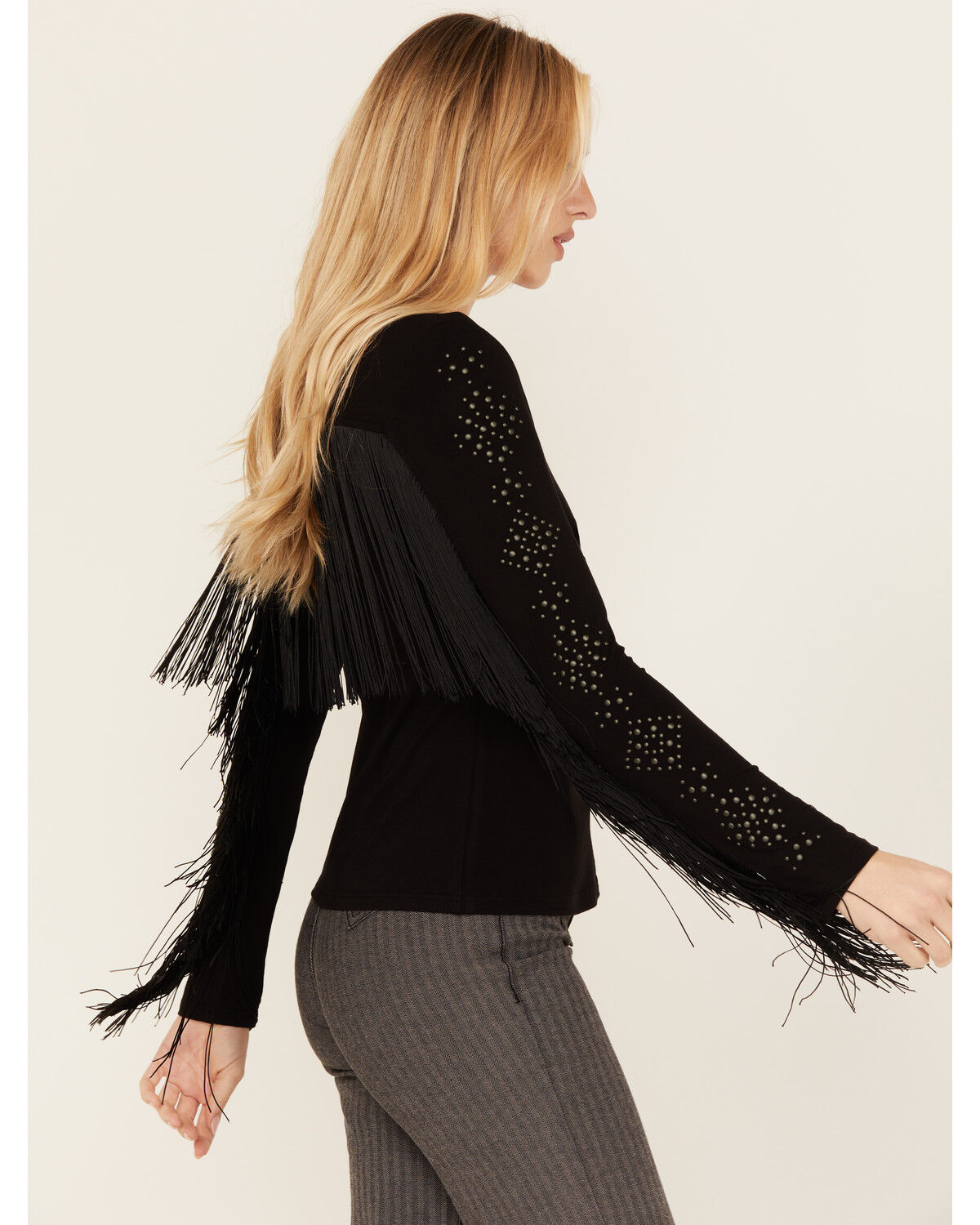 Image #2 - Idyllwind Women's Doris Studded Fringe Long Sleeve Top, Black, hi-res