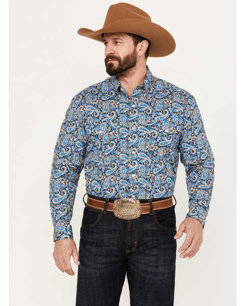 Image #1 - Roper Men's Amarillo Paisley Print Long Sleeve Western Snap Shirt, Blue, hi-res
