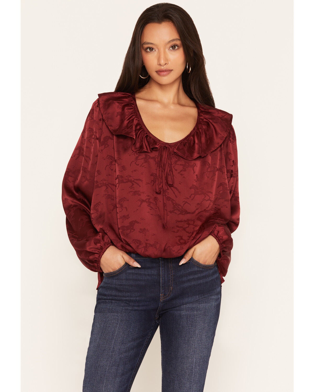 Image #1 - Wonderwest Women's Horse Jacquard Ruffle Bubble Hem Top, Dark Red, hi-res