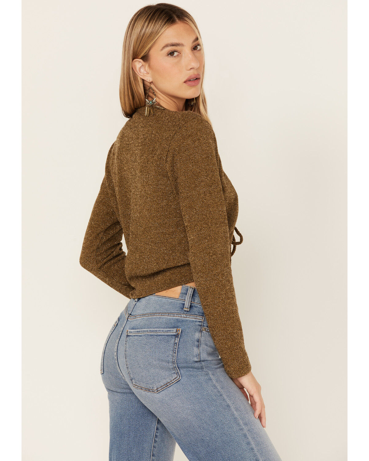 Image #3 - Wild Moss Women's Olive Ribbed Lurex Cinch Front Knit Top, Olive, hi-res