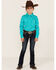Shyanne Girls' Cactus Print Long Sleeve Western Pearl Snap Shirt, Turquoise, hi-res