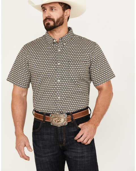 Image #1 - Cody James Men's Dillon Geo Print Short Sleeve Button-Down Stretch Western Shirt, Tan, hi-res