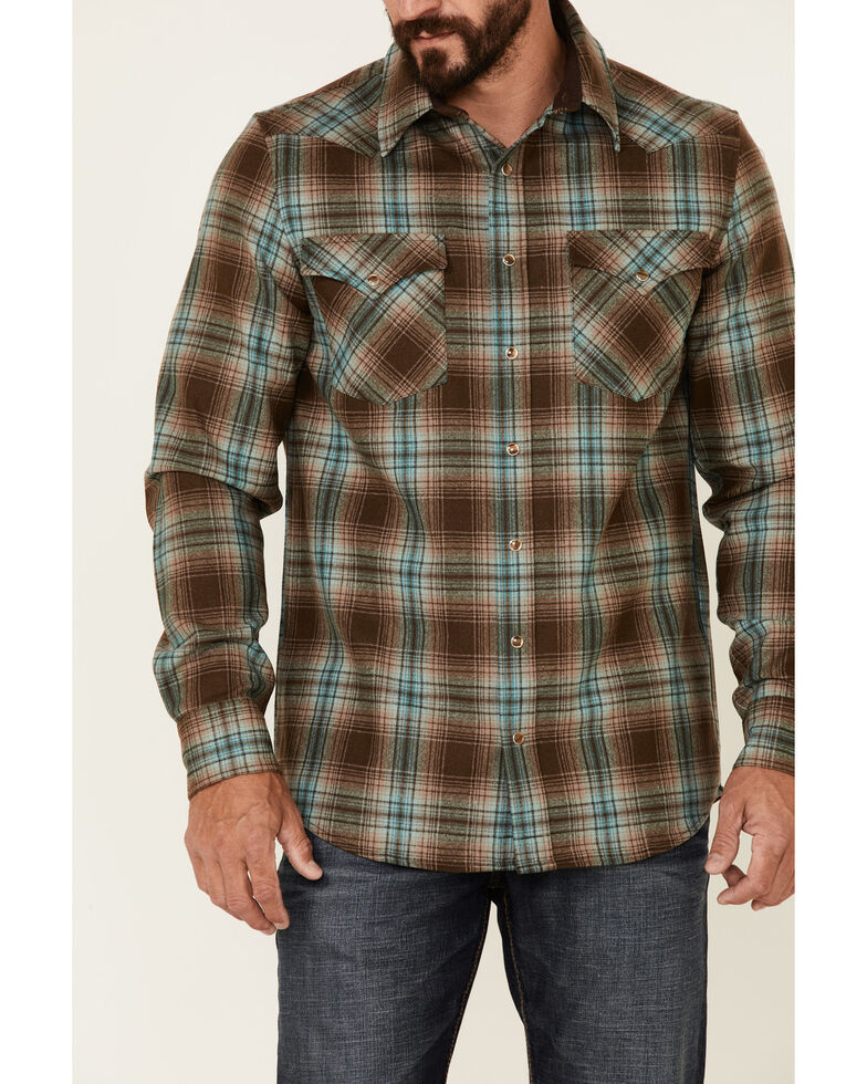 Pendleton Men's Brown & Green Canyon Large Plaid Long Sleeve Snap Western Flannel Shirt - Tall , Brown, hi-res